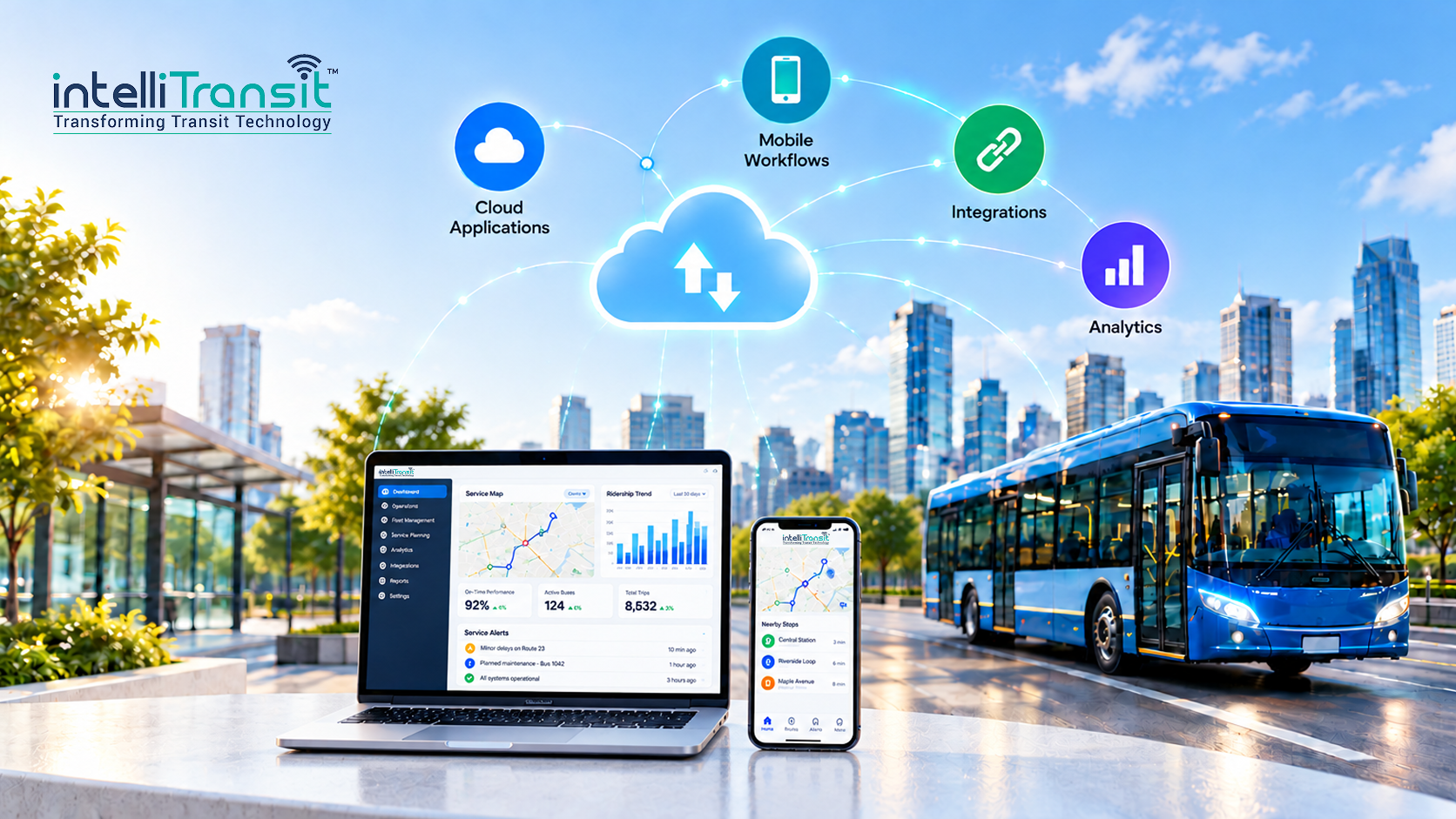 IntelliTransit branding with a cloud-network diagram connected to a laptop and phone displaying transit analytics beside a city bus.